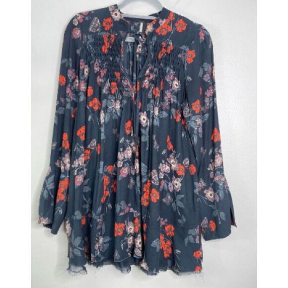 Free People Pebble Crepe Floral So Fine Smoked Boho Tunic Top Women's Size Small - Picture 7 of 7